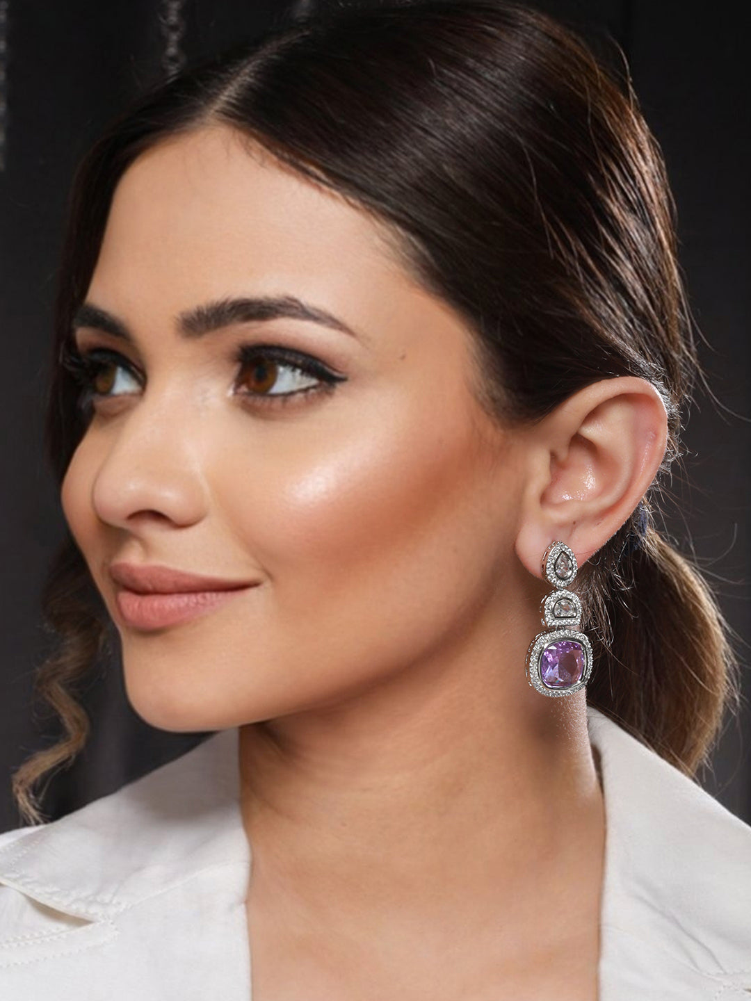 White Rhodium Lavender CZ Studded statement Drop Earrings